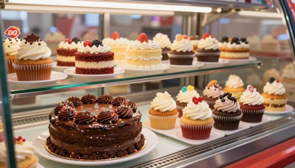A beautifully arranged display of Dairy Queen cakes and cupcakes in a vibrant dessert showcase. In the foreground, an enticing round chocolate cake with rich chocolate frosting and colorful sprinkles sits elegantly on a white plate, glistening under soft, warm lighting. Nearby, several cupcakes in various flavors, such as vanilla, red velvet, and cookies & cream, are topped with fluffy frosting and decorative toppings, inviting indulgence. In the middle, a glass case showcases additional cakes with different designs and vibrant colors, enhancing the inviting atmosphere. The background features a softly blurred Dairy Queen shop interior, laced with gentle sunlight coming through the windows, creating a cozy and inviting vibe. The scene evokes a sense of joy and celebration, perfect for dessert lovers. A beautifully arranged display of Dairy Queen cakes and cupcakes in a vibrant dessert showcase. In the foreground, an enticing round chocolate cake with rich chocolate frosting and colorful sprinkles sits elegantly on a white plate, glistening under soft, warm lighting. Nearby, several cupcakes in various flavors, such as vanilla, red velvet, and cookies & cream, are topped with fluffy frosting and decorative toppings, inviting indulgence. In the middle, a glass case showcases additional cakes with different designs and vibrant colors, enhancing the inviting atmosphere. The background features a softly blurred Dairy Queen shop interior, laced with gentle sunlight coming through the windows, creating a cozy and inviting vibe. The scene evokes a sense of joy and celebration, perfect for dessert lovers.