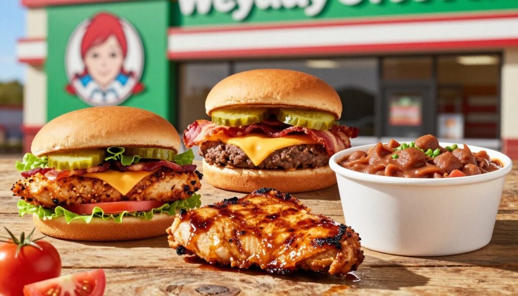 A beautifully arranged display of Wendy's gluten-free protein options, featuring a juicy grilled chicken sandwich without the bun, a crispy bacon cheeseburger made with gluten-free ingredients, and a hearty chili bowl, all set on a rustic wooden table. In the foreground, the grilled chicken glistens with a light BBQ glaze, accompanied by fresh lettuce and tomatoes. In the middle, the cheeseburger is garnished with fresh pickles and melted cheese. Soft natural lighting casts a warm glow over the scene, emphasizing the delicious textures and colors. In the background, a blurred view of a Wendy's restaurant with green and red branding. The atmosphere is inviting and appetizing, enticing viewers to explore healthier options. A beautifully arranged display of Wendy's gluten-free protein options, featuring a juicy grilled chicken sandwich without the bun, a crispy bacon cheeseburger made with gluten-free ingredients, and a hearty chili bowl, all set on a rustic wooden table. In the foreground, the grilled chicken glistens with a light BBQ glaze, accompanied by fresh lettuce and tomatoes. In the middle, the cheeseburger is garnished with fresh pickles and melted cheese. Soft natural lighting casts a warm glow over the scene, emphasizing the delicious textures and colors. In the background, a blurred view of a Wendy's restaurant with green and red branding. The atmosphere is inviting and appetizing, enticing viewers to explore healthier options.