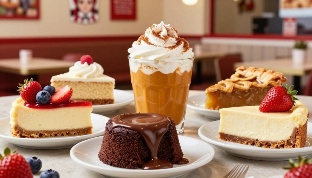 A beautifully arranged display of Wendy's seasonal desserts, featuring a variety of vibrant, indulgent treats. In the foreground, a rich chocolate lava cake oozes with molten chocolate, flanked by a creamy strawberry cheesecake adorned with fresh berries. In the middle, an elegant cup of pumpkin spice mousse topped with whipped cream and a sprinkle of cinnamon, alongside a festive apple pie slice with a flaky crust. The background is a soft-focus, warmly lit Wendy's restaurant interior with cozy seating and seasonal decorations, creating an inviting atmosphere. Use a close-up angle to capture the intricate details of the desserts, highlighting textures and colors, with warm, natural lighting that enhances the appetizing appeal. The overall mood is festive and inviting, perfect for seasonal indulgence. A beautifully arranged display of Wendy's seasonal desserts, featuring a variety of vibrant, indulgent treats. In the foreground, a rich chocolate lava cake oozes with molten chocolate, flanked by a creamy strawberry cheesecake adorned with fresh berries. In the middle, an elegant cup of pumpkin spice mousse topped with whipped cream and a sprinkle of cinnamon, alongside a festive apple pie slice with a flaky crust. The background is a soft-focus, warmly lit Wendy's restaurant interior with cozy seating and seasonal decorations, creating an inviting atmosphere. Use a close-up angle to capture the intricate details of the desserts, highlighting textures and colors, with warm, natural lighting that enhances the appetizing appeal. The overall mood is festive and inviting, perfect for seasonal indulgence.