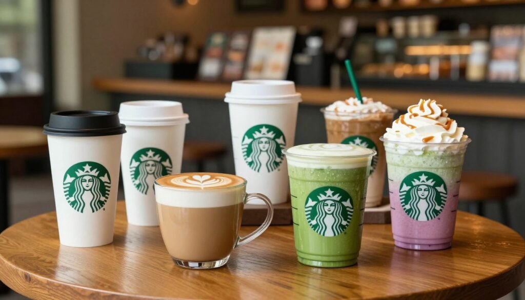 A beautifully arranged selection of Starbucks specialty drinks displayed on a polished wooden table. In the foreground, showcase a vibrant Caramel Macchiato with intricate latte art, a refreshing Matcha Green Tea Latte with a bright green hue, and a colorful Frappuccino topped with whipped cream and drizzles. In the middle ground, include a variety of stylish drinkware, like reusable cups and classic Starbucks mugs, filled with seasonal beverages. The background features a cozy Starbucks café ambiance with blurred vintage decor, warm lighting, and soft bokeh effect. Capture the essence of a lively yet relaxing environment, inviting viewers to indulge in the unique flavors each drink offers. The composition should evoke a sense of comfort and creativity, suitable for coffee enthusiasts.