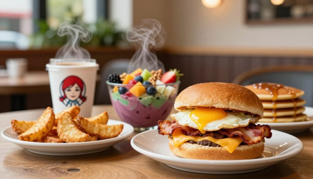 A beautifully arranged table featuring a variety of Wendy's breakfast options. In the foreground, a fluffy breakfast sandwich with a perfectly cooked egg, crispy bacon, and melted cheese peeking out from a toasted bun. Next to it, a side of golden, crispy potato wedges and a refreshing coffee cup with steam rising. In the middle, a vibrant, colorful smoothie bowl topped with fresh fruits and granola, while a small stack of delicious pancakes drizzled with syrup sits nearby. The background features a cozy restaurant atmosphere with warm lighting, soft-focus greenery, and wooden accents. Capture the mood of a relaxed morning with inviting textures and appetizing colors, shot with a shallow depth of field to emphasize the food.