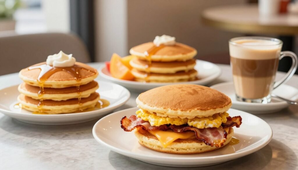 A beautifully arranged table showcasing a selection of Dairy Queen breakfast items, such as fluffy pancakes, breakfast sandwiches, and coffee, all displayed on elegant plates. In the foreground, focus on a delectable breakfast sandwich with layers of bacon, egg, and cheese, glistening under soft, natural morning light. The midground features a stack of golden pancakes drizzled with syrup and accompanied by a side of fresh fruit. In the background, a cozy café setting with subtle décor enhances the inviting atmosphere. The lighting is warm and inviting, highlighting the textures and colors of the food. The image captures a fresh and nutritious start to the day, with a cheerful and appetizing mood, making it appealing for readers seeking delicious breakfast options. A beautifully arranged table showcasing a selection of Dairy Queen breakfast items, such as fluffy pancakes, breakfast sandwiches, and coffee, all displayed on elegant plates. In the foreground, focus on a delectable breakfast sandwich with layers of bacon, egg, and cheese, glistening under soft, natural morning light. The midground features a stack of golden pancakes drizzled with syrup and accompanied by a side of fresh fruit. In the background, a cozy café setting with subtle décor enhances the inviting atmosphere. The lighting is warm and inviting, highlighting the textures and colors of the food. The image captures a fresh and nutritious start to the day, with a cheerful and appetizing mood, making it appealing for readers seeking delicious breakfast options.