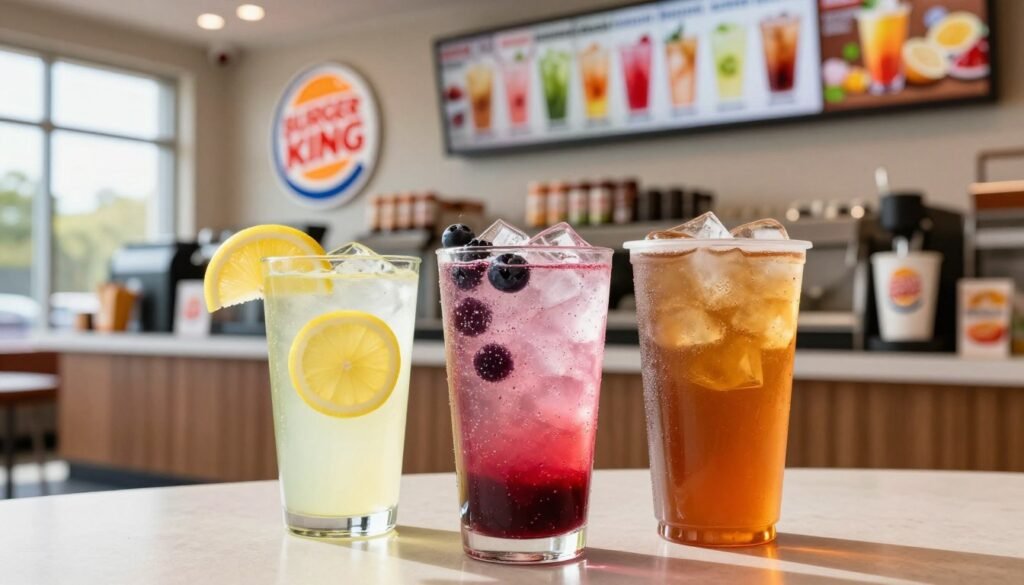 A brightly lit Burger King counter featuring an array of low-calorie drinks. In the foreground, showcase three enticing beverage options: a clear glass of lemonade with fresh lemon slices, a vibrant berry-infused sparkling water, and a sleek iced herbal tea in an elegant cup. The middle layer presents a welcoming environment with the iconic Burger King logo subtly illuminated, and a menu board in the background promoting healthy drink choices. The setting is colorful and modern, evoking a fresh and health-conscious vibe. Natural daylight streams through large windows, adding warmth to the scene. The angle is slightly top-down, capturing the drinks at eye level to emphasize their appealing colors and textures, creating an inviting atmosphere perfect for health-conscious diners. A brightly lit Burger King counter featuring an array of low-calorie drinks. In the foreground, showcase three enticing beverage options: a clear glass of lemonade with fresh lemon slices, a vibrant berry-infused sparkling water, and a sleek iced herbal tea in an elegant cup. The middle layer presents a welcoming environment with the iconic Burger King logo subtly illuminated, and a menu board in the background promoting healthy drink choices. The setting is colorful and modern, evoking a fresh and health-conscious vibe. Natural daylight streams through large windows, adding warmth to the scene. The angle is slightly top-down, capturing the drinks at eye level to emphasize their appealing colors and textures, creating an inviting atmosphere perfect for health-conscious diners.