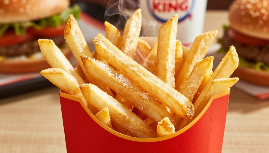 A close-up of a steaming, golden serving of Burger King fries, artfully arranged in a red and gold branded paper container. The fries are crisp and lightly salted, glistening under warm, natural lighting that enhances their texture. In the background, blurred silhouettes of other menu items such as burgers and drinks hint at the fast-food atmosphere. The table setting features a simple diner-style wood or laminate surface, evoking a casual yet inviting mood. Capture the scene from a slightly elevated angle, focusing on the fries as the main subject, ensuring the deliciousness and appeal are prominent. No text or branding overlays, just the fries in all their appetizing glory.