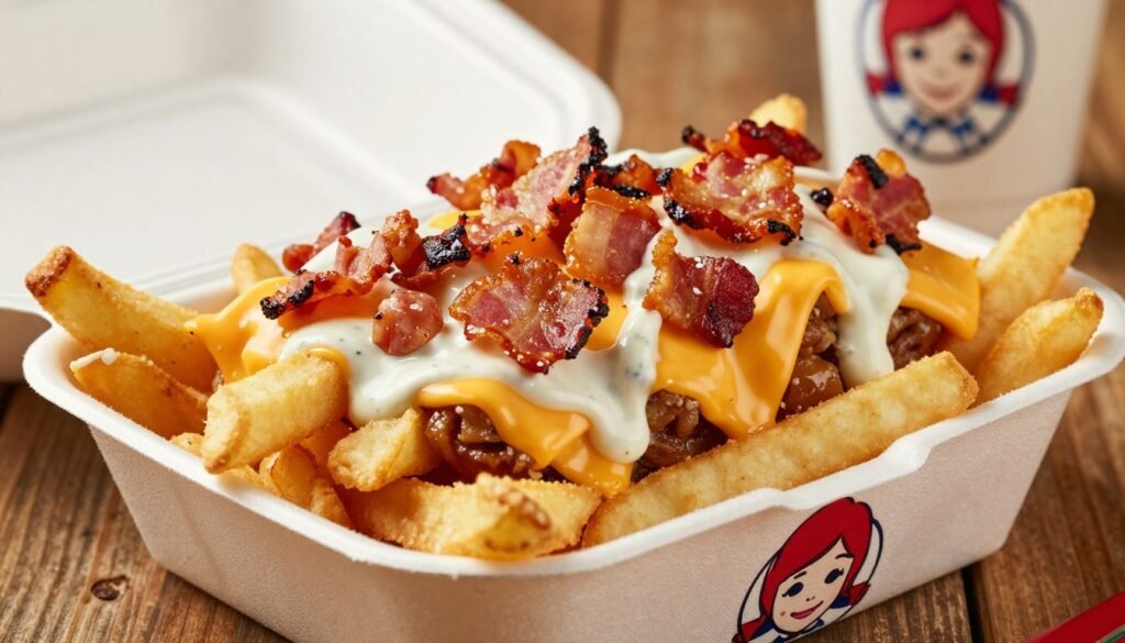 A close-up shot of Wendy's Loaded Baconator Fries, featuring a heaping portion of golden, crispy fries topped generously with melted cheddar cheese, smoky bacon bits, and rich ranch dressing. The foreground showcases the fries in a white takeout container with a branded Wendy's logo. The middle focuses on the colorful toppings, with glistening cheese and crispy bacon in sharp detail, creating a mouthwatering effect. In the background, softly blurred images of a rustic wooden table setting enhance the homey atmosphere, while warm, inviting lighting casts a golden hue over the scene. The image should evoke a sense of indulgence and comfort, ideal for highlighting hidden favorites on Wendy's secret menu.