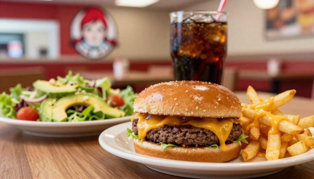 A close-up shot of a Wendy's restaurant table, featuring a variety of common keto mistakes. In the foreground, display an overflowing burger with a glossy bun, a plate of fries dusted with melted cheese, and a soda, all reflecting bright lighting to emphasize their appeal. The middle ground should showcase a contrast between healthy options, like a fresh salad with avocado, and unhealthy choices on the same table. In the background, include a blurred view of Wendy’s iconic red signage with a welcoming atmosphere. Use warm lighting to create a cozy and inviting mood, while the angle captures the food in a slightly tilted view for a dynamic perspective. Aim for a tasteful yet cautionary vibe, illustrating the pitfalls of dining at Wendy’s for keto followers.