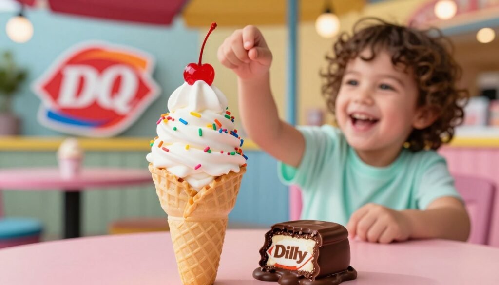 A colorful and inviting Dairy Queen kids dessert scene featuring a delicious array of treats. In the foreground, a vibrant ice cream cone towers with swirls of soft serve topped with rainbow sprinkles and a cherry. Beside it, a small cup of classic Dilly Bar with an enticing chocolate coating, half melted but perfectly intact. In the middle ground, a joyful child, casually dressed in a bright t-shirt, eagerly reaches for the dessert, their expression showing delight. The background features the iconic Dairy Queen logo subtly placed on a cheerful outdoor patio setting with soft, warm lighting that creates a friendly atmosphere. Use a shallow depth of field to keep the focus on the dessert while softly blurring the background. The overall mood is fun, playful, and nostalgic, capturing the essence of childhood treats.