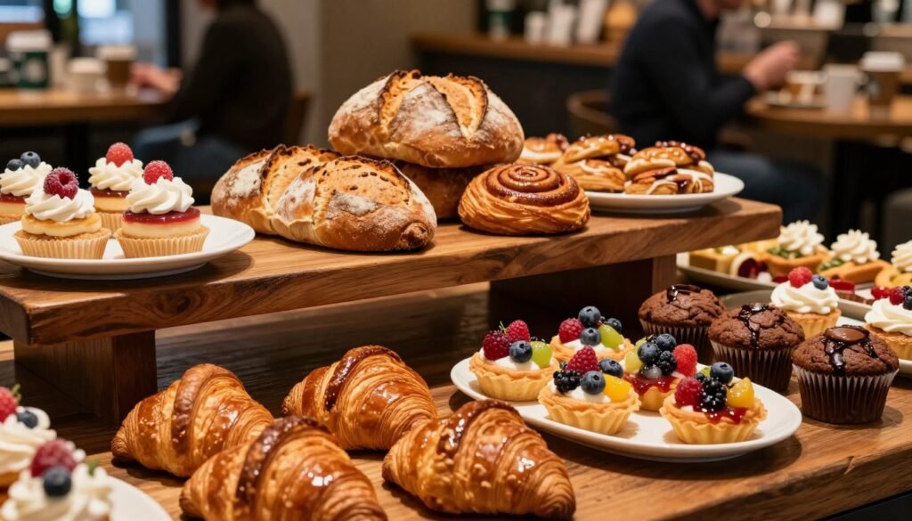 A cozy Starbucks bakery display featuring an enticing array of pastries and sweets. In the foreground, a beautifully arranged selection of flaky croissants, decadent chocolate muffins, and vibrant fruit tarts, glistening with fresh berries and glaze. In the middle, a rustic wooden table filled with artisanal bread rolls and cinnamon pastries, surrounded by delicate dessert plates. The background showcases the inviting interior of a Starbucks café, with warm lighting creating a welcoming atmosphere. Soft shadows add depth, while a slightly blurred view of coffee cups and patrons enjoying their morning delights enhances the scene. Capture the essence of morning indulgence and the comforting ambiance of a coffee shop.
