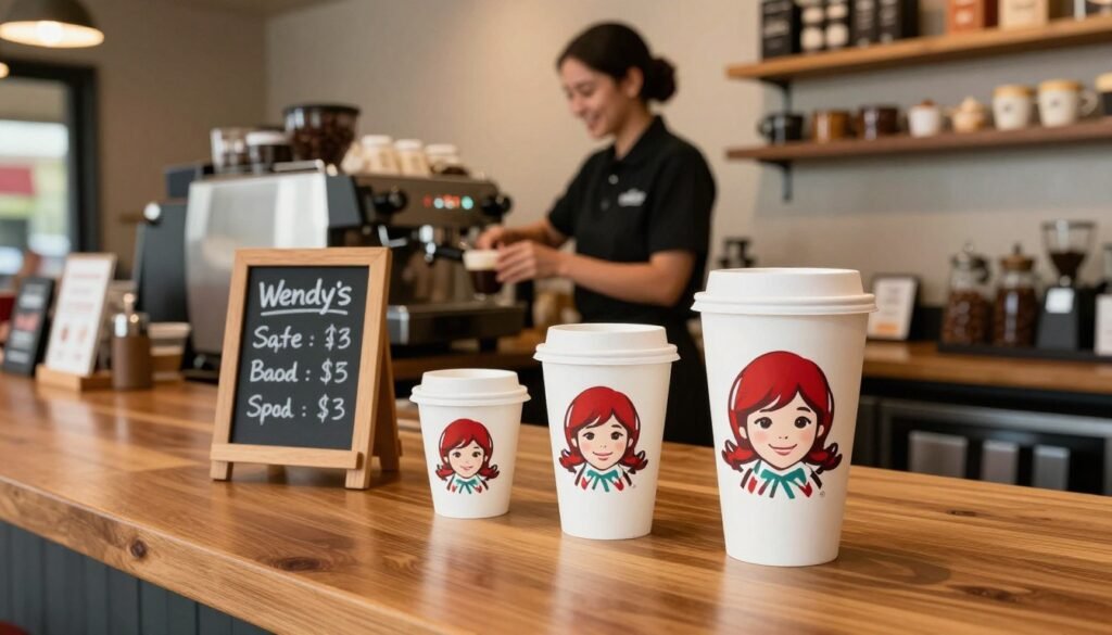 A cozy coffee shop interior showcasing Wendy's coffee sizes and pricing. In the foreground, a polished wooden table features three Wendy's coffee cups in varying sizes—small, medium, and large—arranged neatly with a small chalkboard displaying their prices in elegant handwriting. The middle ground has a barista, dressed in a black polo shirt, preparing a coffee drink with an espresso machine, smiling warmly. In the background, soft ambient lighting creates a welcoming atmosphere, with shelves displaying coffee beans and pastries. The camera angle is from a slight overhead perspective, capturing the warmth and inviting nature of the coffee shop. The mood is friendly and relaxed, perfect for illustrating a coffee menu.