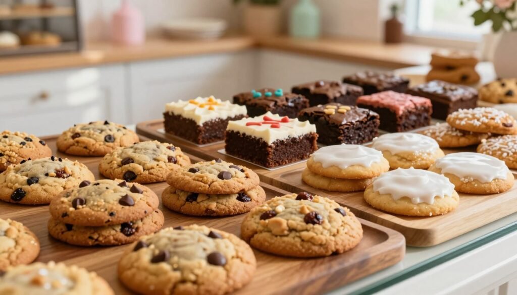 A cozy, inviting scene of a bakery display featuring an array of Wendy's signature cookies and bakery items. In the foreground, feature a variety of cookies—chocolate chip, oatmeal raisin, and frosted sugar cookies—professionally arranged on wooden platters. The middle section displays beautifully decorated cakes and brownies, with rich textures and vibrant colors. The background shows a softly lit bakery interior with warm wood accents and subtle pastel decorations, enhancing the inviting atmosphere. Soft, natural light filters in, casting gentle shadows that create a warm and welcoming mood. Capture this from a slightly elevated angle to showcase the items' details while emphasizing the inviting nature of the display. A cozy, inviting scene of a bakery display featuring an array of Wendy's signature cookies and bakery items. In the foreground, feature a variety of cookies—chocolate chip, oatmeal raisin, and frosted sugar cookies—professionally arranged on wooden platters. The middle section displays beautifully decorated cakes and brownies, with rich textures and vibrant colors. The background shows a softly lit bakery interior with warm wood accents and subtle pastel decorations, enhancing the inviting atmosphere. Soft, natural light filters in, casting gentle shadows that create a warm and welcoming mood. Capture this from a slightly elevated angle to showcase the items' details while emphasizing the inviting nature of the display.