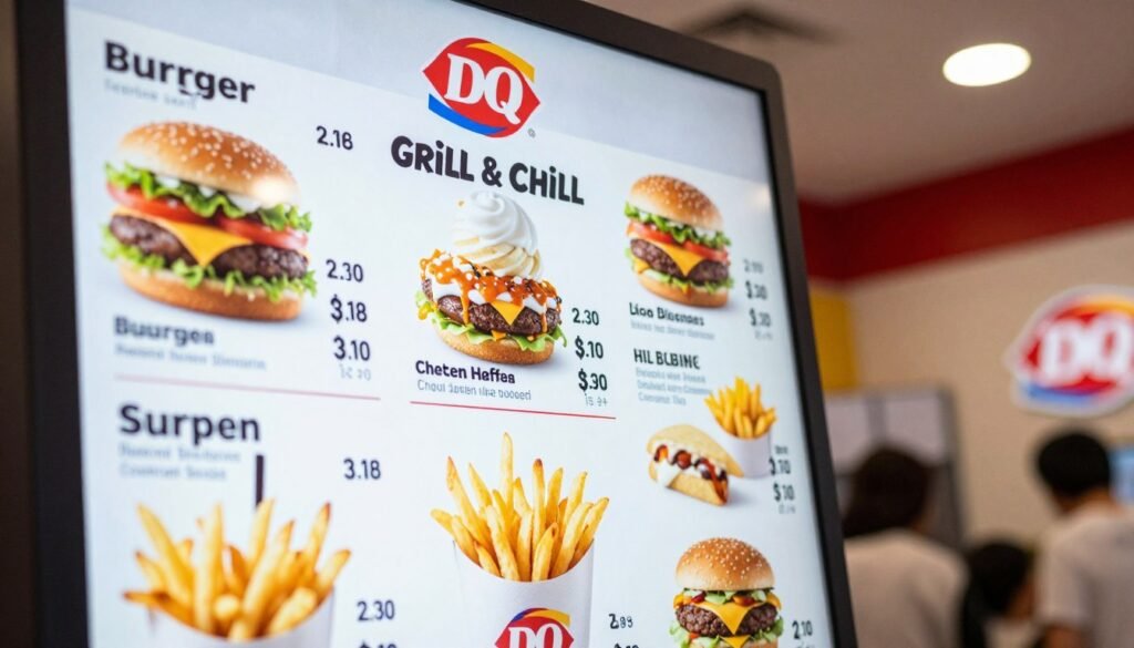 A detailed close-up of a Dairy Queen Grill & Chill menu board, prominently displaying the prices of various menu items such as burgers, fries, and desserts. The menu should be colorful and appetizing, featuring images of signature dishes like the Blizzard and classic cheeseburgers. In the foreground, the price tags should be clear and legible, with vibrant colors emphasizing the freshness of the food. In the background, a soft-focus of a Dairy Queen restaurant interior can be seen, with warm lighting creating an inviting atmosphere. The overall mood is friendly and casual, ideal for a family dining experience. Aim for a high-resolution image with sharp details, using a slightly angled perspective to add depth and dimension to the scene. A detailed close-up of a Dairy Queen Grill & Chill menu board, prominently displaying the prices of various menu items such as burgers, fries, and desserts. The menu should be colorful and appetizing, featuring images of signature dishes like the Blizzard and classic cheeseburgers. In the foreground, the price tags should be clear and legible, with vibrant colors emphasizing the freshness of the food. In the background, a soft-focus of a Dairy Queen restaurant interior can be seen, with warm lighting creating an inviting atmosphere. The overall mood is friendly and casual, ideal for a family dining experience. Aim for a high-resolution image with sharp details, using a slightly angled perspective to add depth and dimension to the scene.