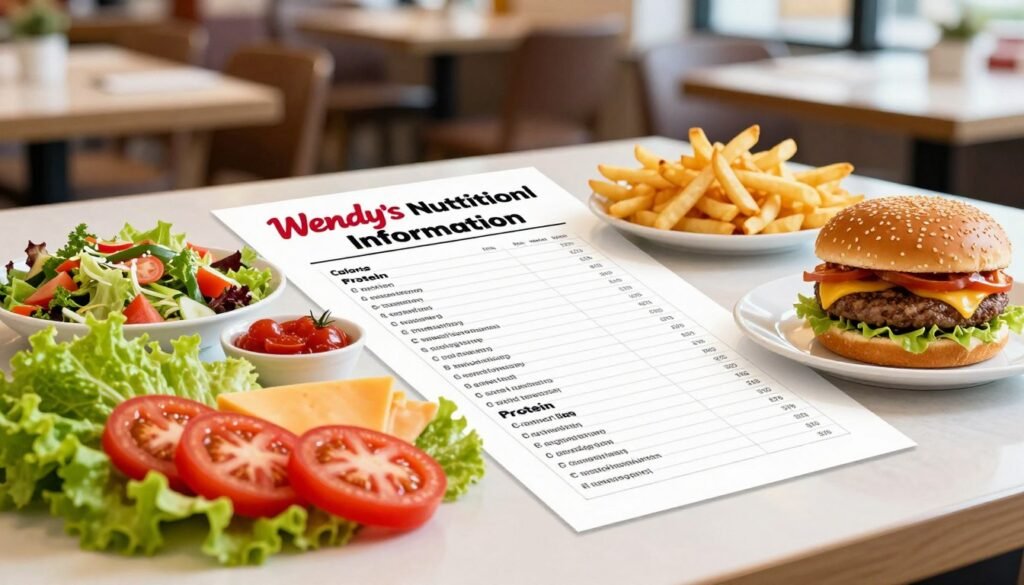 A neatly arranged table displaying Wendy's Nutritional Information, featuring colorful food images of burgers, fries, and salads in appetizing portions. In the foreground, vibrant, fresh ingredients such as lettuce, tomatoes, and cheese are artfully placed next to the meal items, highlighting their nutritional aspects. The middle section of the table showcases a well-organized chart detailing calories, fats, protein, and other key nutrients, presented in a clear, easy-to-read format. The background features a soft-focus restaurant environment, evoking a warm, inviting atmosphere to convey a sense of health-conscious dining. Natural lighting illuminates the scene, creating a fresh and wholesome feel, while the angle of the shot is slightly elevated to capture both the table and the ambiance effectively. A neatly arranged table displaying Wendy's Nutritional Information, featuring colorful food images of burgers, fries, and salads in appetizing portions. In the foreground, vibrant, fresh ingredients such as lettuce, tomatoes, and cheese are artfully placed next to the meal items, highlighting their nutritional aspects. The middle section of the table showcases a well-organized chart detailing calories, fats, protein, and other key nutrients, presented in a clear, easy-to-read format. The background features a soft-focus restaurant environment, evoking a warm, inviting atmosphere to convey a sense of health-conscious dining. Natural lighting illuminates the scene, creating a fresh and wholesome feel, while the angle of the shot is slightly elevated to capture both the table and the ambiance effectively.
