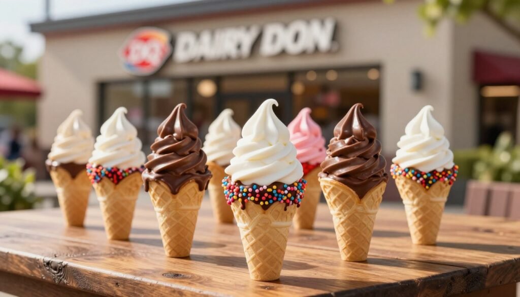 A tempting display of Dairy Queen dipped cones arranged artistically on a rustic wooden table. The foreground features three perfectly swirled vanilla soft serve cones, each decadently coated in rich chocolate and colorful sprinkles, glistening under soft, diffused sunlight. The middle section includes an assortment of additional flavors, like strawberry and butterscotch dips, creating a vibrant palette. In the background, a blurred Dairy Queen storefront signifies freshness and excitement, while subtle greenery peeks from the sides, enhancing the outdoor summer vibe. The mood is joyful and inviting, perfect for indulging in classic American ice cream treats. The image should be captured with a shallow depth of field, emphasizing the delectable cones while maintaining a warm, cheerful atmosphere. A tempting display of Dairy Queen dipped cones arranged artistically on a rustic wooden table. The foreground features three perfectly swirled vanilla soft serve cones, each decadently coated in rich chocolate and colorful sprinkles, glistening under soft, diffused sunlight. The middle section includes an assortment of additional flavors, like strawberry and butterscotch dips, creating a vibrant palette. In the background, a blurred Dairy Queen storefront signifies freshness and excitement, while subtle greenery peeks from the sides, enhancing the outdoor summer vibe. The mood is joyful and inviting, perfect for indulging in classic American ice cream treats. The image should be captured with a shallow depth of field, emphasizing the delectable cones while maintaining a warm, cheerful atmosphere.
