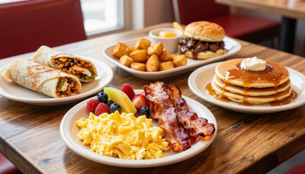 A top-down view of a variety of Dairy Queen breakfast platters arranged on a rustic wooden table. The foreground features a colorful plate with scrambled eggs, crispy bacon, fluffy pancakes drizzled with syrup, and a side of fresh fruit. In the middle, other platters display a breakfast burrito, hash browns, and a hearty biscuit with sausage gravy. The background has a soft-focus diner setting, with warm morning light streaming through a window, creating a cozy atmosphere. The scene captures the inviting essence of a breakfast feast, highlighting the delicious variety and vibrant colors of the food. The image is bright, with a shallow depth of field, emphasizing the appetizing textures and details of the dishes. A top-down view of a variety of Dairy Queen breakfast platters arranged on a rustic wooden table. The foreground features a colorful plate with scrambled eggs, crispy bacon, fluffy pancakes drizzled with syrup, and a side of fresh fruit. In the middle, other platters display a breakfast burrito, hash browns, and a hearty biscuit with sausage gravy. The background has a soft-focus diner setting, with warm morning light streaming through a window, creating a cozy atmosphere. The scene captures the inviting essence of a breakfast feast, highlighting the delicious variety and vibrant colors of the food. The image is bright, with a shallow depth of field, emphasizing the appetizing textures and details of the dishes.