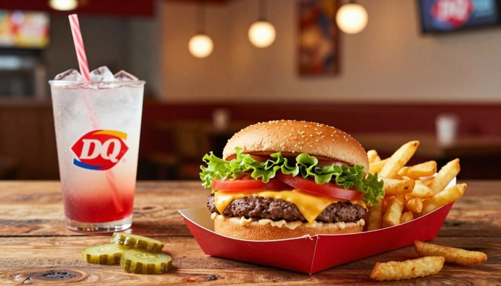 A vibrant Dairy Queen burger meal deal featuring a juicy cheeseburger with melting cheese, fresh lettuce, ripe tomatoes, and pickles, surrounded by crispy golden fries in a red container. In the foreground, a refreshing soft drink with ice and a straw complements the meal. The middle of the image showcases the meal deal with a focus on the appetizing burger, fries, and drink, all placed on a rustic wooden table. In the background, a cozy Dairy Queen restaurant ambiance is visible with soft, warm lighting creating a welcoming atmosphere. Capture the scene from a slightly elevated angle to highlight the texture of the food and the inviting environment. The mood should be cheerful and appetizing, enticing viewers to explore Dairy Queen's burger meal deals. A vibrant Dairy Queen burger meal deal featuring a juicy cheeseburger with melting cheese, fresh lettuce, ripe tomatoes, and pickles, surrounded by crispy golden fries in a red container. In the foreground, a refreshing soft drink with ice and a straw complements the meal. The middle of the image showcases the meal deal with a focus on the appetizing burger, fries, and drink, all placed on a rustic wooden table. In the background, a cozy Dairy Queen restaurant ambiance is visible with soft, warm lighting creating a welcoming atmosphere. Capture the scene from a slightly elevated angle to highlight the texture of the food and the inviting environment. The mood should be cheerful and appetizing, enticing viewers to explore Dairy Queen's burger meal deals.