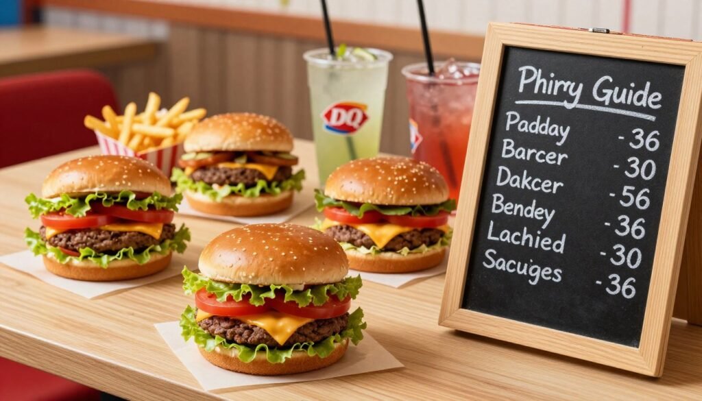 A vibrant Dairy Queen burger pricing guide scene, showcasing an array of multi-layered burgers with fresh ingredients, like crispy lettuce, juicy tomatoes, and melted cheese, artistically arranged on a wooden table. In the foreground, a chalkboard displays elegant handwritten pricing, emphasizing affordability and variety. The middle ground features a delicious selection of burgers alongside crispy fries and refreshing beverages, all under soft, warm lighting for an inviting atmosphere. The background hints at a Dairy Queen restaurant interior with cheerful colors and low-key decorations. The overall mood is casual and friendly, perfect for enticing burger lovers. The camera angle captures a slight overhead view, focusing on the enticing food arrangements while maintaining a clean and professional aesthetic. A vibrant Dairy Queen burger pricing guide scene, showcasing an array of multi-layered burgers with fresh ingredients, like crispy lettuce, juicy tomatoes, and melted cheese, artistically arranged on a wooden table. In the foreground, a chalkboard displays elegant handwritten pricing, emphasizing affordability and variety. The middle ground features a delicious selection of burgers alongside crispy fries and refreshing beverages, all under soft, warm lighting for an inviting atmosphere. The background hints at a Dairy Queen restaurant interior with cheerful colors and low-key decorations. The overall mood is casual and friendly, perfect for enticing burger lovers. The camera angle captures a slight overhead view, focusing on the enticing food arrangements while maintaining a clean and professional aesthetic.