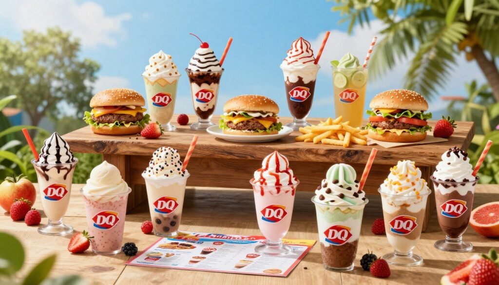 A vibrant Dairy Queen summer menu display featuring a variety of regional specialties. In the foreground, showcase an array of colorful ice cream sundaes, blizzards, and specialty treats unique to different regions, each with distinct toppings and flavors. In the middle, include a rustic wooden table adorned with fresh summer fruits and a few Dairy Queen menu items like burgers and fries, capturing the essence of summer dining. The background should feature a sunny outdoor setting, with bright blue skies and lush green trees, evoking a warm, inviting atmosphere. Use soft, natural lighting to enhance the vivid colors of the food, shot at a slight angle to create depth, making it feel lively and appealing, perfect for highlighting Dairy Queen's mouthwatering summer offerings. A vibrant Dairy Queen summer menu display featuring a variety of regional specialties. In the foreground, showcase an array of colorful ice cream sundaes, blizzards, and specialty treats unique to different regions, each with distinct toppings and flavors. In the middle, include a rustic wooden table adorned with fresh summer fruits and a few Dairy Queen menu items like burgers and fries, capturing the essence of summer dining. The background should feature a sunny outdoor setting, with bright blue skies and lush green trees, evoking a warm, inviting atmosphere. Use soft, natural lighting to enhance the vivid colors of the food, shot at a slight angle to create depth, making it feel lively and appealing, perfect for highlighting Dairy Queen's mouthwatering summer offerings.