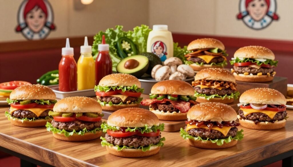 A vibrant Wendy's burger customization display, showcasing a variety of delicious, mouth-watering burger options elegantly arranged on a wooden table. In the foreground, different burger varieties featuring juicy patties, fresh lettuce, ripe tomatoes, crispy bacon, and a selection of cheeses, each with distinct toppings like pickles, onions, and special sauces. In the middle ground, visible condiment stations with ketchup, mustard, and mayonnaise, surrounded by fresh ingredients like avocados, jalapeños, and mushrooms. Setting the mood, soft, warm lighting enhances the food's colors, creating an inviting atmosphere. The background subtly suggests a Wendy's restaurant interior with its signature colors and logo, all captured from a slightly elevated angle to provide a comprehensive view of the customization options while focusing on the delicious details of each burger.