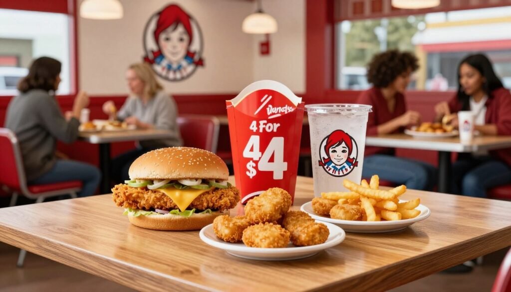 A vibrant Wendy's fast-food setting featuring the "4 For $4" menu prominently displayed on a stylish wooden table. In the foreground, a mouthwatering arrangement of four delicious items: a crispy chicken sandwich, four-piece crispy nuggets, a small fry, and a refreshing drink, all neatly styled and enticingly plated. The middle background showcases a rustic Wendy's restaurant interior with cheerful red and white colors, and patrons enjoying their meals, dressed in casual, modest clothing. Soft, natural lighting filters through the windows, creating a warm and inviting atmosphere. The angle captures the table from a slight elevation, emphasizing the delicious food while keeping the Wendy's branding subtly in view, evoking a sense of comfort and satisfaction. A vibrant Wendy's fast-food setting featuring the "4 For $4" menu prominently displayed on a stylish wooden table. In the foreground, a mouthwatering arrangement of four delicious items: a crispy chicken sandwich, four-piece crispy nuggets, a small fry, and a refreshing drink, all neatly styled and enticingly plated. The middle background showcases a rustic Wendy's restaurant interior with cheerful red and white colors, and patrons enjoying their meals, dressed in casual, modest clothing. Soft, natural lighting filters through the windows, creating a warm and inviting atmosphere. The angle captures the table from a slight elevation, emphasizing the delicious food while keeping the Wendy's branding subtly in view, evoking a sense of comfort and satisfaction.