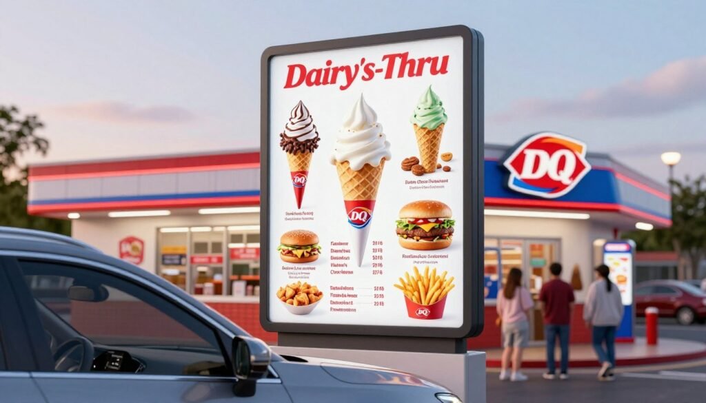 A vibrant and detailed Dairy Queen drive-thru menu displayed prominently at the center of the image. The menu features colorful pictures of delicious ice creams, burgers, and fries, with enticing food options clearly visible. The background includes the classic Dairy Queen restaurant, with its iconic red, white, and blue color scheme and a clear sky above. In the foreground, a sleek, modern vehicle is waiting in line at the drive-thru. Soft, warm lighting creates a welcoming atmosphere, highlighting the freshly made food items. The angle captures both the menu and the car, ensuring a sense of engagement with the Dairy Queen experience, seamlessly inviting viewers to explore the tastiness of the offerings.