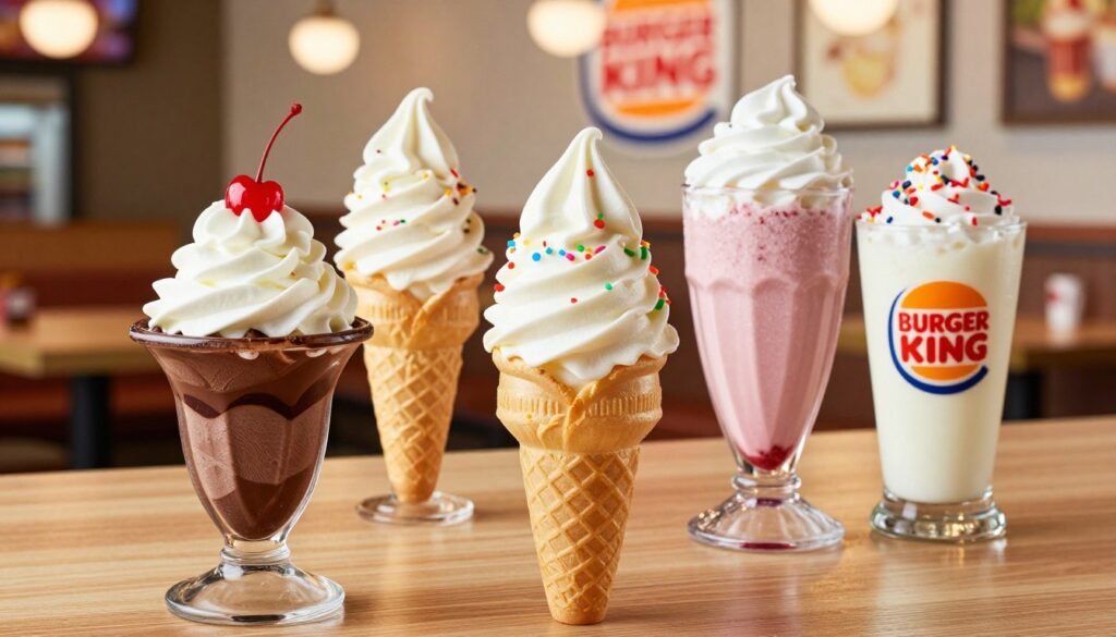 A vibrant and enticing display of Burger King ice cream options, including soft serve cones, sundaes topped with colorful sprinkles, and delicious milkshakes in various flavors. In the foreground, place a tall, indulgent cup of chocolate fudge sundae, garnished with whipped cream and a cherry on top. In the middle, feature a classic soft serve ice cream cone, glossy and inviting, and a strawberry milkshake with a swirl of whipped cream. The background should showcase a cozy, well-lit Burger King interior, emphasizing a warm, inviting atmosphere. Use soft, natural lighting to enhance the creamy textures of the desserts. Capture the scene from a slightly elevated angle to provide a full view of the desserts, creating a mouthwatering, inviting presentation.