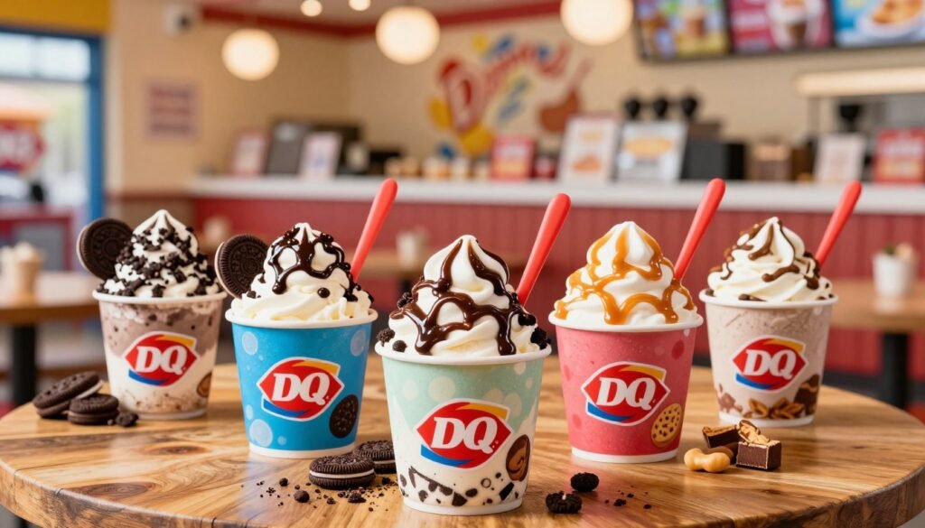 A vibrant and enticing display of various Dairy Queen Blizzard flavors, centered in the foreground with colorful cups and spoons. Each cup showcases a different Blizzard flavor, such as Oreo, Cookie Dough, and Peanut Butter Cups, overflowing with creamy ice cream and toppings like crushed cookies, fudge, and caramel drizzles. In the middle ground, a rustic wooden table sets the scene, with a soft-focus effect that highlights the flavors. The background features a blur of a cheerful Dairy Queen restaurant setting, with bright, inviting colors and ambient lighting creating a warm and nostalgic atmosphere. Use natural lighting to emphasize the textures of the ice cream and the rich colors of the toppings, captured from a slightly overhead angle to give depth to the image.