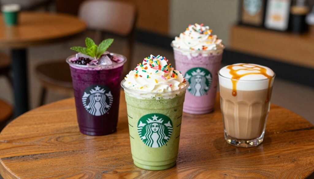 A vibrant and enticing display of various Starbucks secret menu drinks, arranged artistically on a rustic wooden table. In the foreground, focus on three standout beverages: a creamy, green matcha frappuccino adorned with whipped cream and colorful sprinkles, a deep purple berry concoction with a refreshing garnish of mint, and a rich, caramel macchiato served in a unique glass with a drizzle of caramel on top. In the middle ground, a blurred background reveals a cozy Starbucks café ambiance, with soft, warm lighting illuminating the drinks and highlighting their textures. The scene conveys a relaxed, inviting atmosphere, capturing the essence of a perfect coffee break. Use a slightly angled top-down perspective with a soft bokeh effect, ensuring no text or logos are visible.