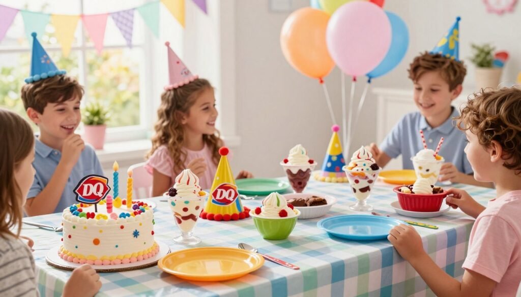 A vibrant and inviting Dairy Queen birthday celebration for kids, featuring a colorful table filled with assorted birthday specials. In the foreground, a large, whimsical birthday cake adorned with cheerful decorations, alongside eye-catching ice cream sundaes in playful bowls, and an array of fun, themed balloons. In the middle, bright party hats and colorful plates set on a checkered tablecloth, showcasing Dairy Queen's signature treats. The background reveals a festive party atmosphere with pastel-colored streamers and a sunny window letting in warm, natural light, creating a joyful mood. The scene is designed to captivate children, with cheerful expressions on any included children in modest casual clothing, enjoying the birthday festivities. Shot from a slightly elevated angle to include all elements harmoniously.