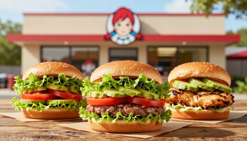 A vibrant, appetizing display of Wendy's diet-friendly burger options, including a fresh, lettuce-wrapped burger and a grilled chicken sandwich, prominently featured in the foreground on a rustic wooden table. Each burger is garnished with colorful vegetables, such as ripe tomatoes, crisp lettuce, and avocado slices, showcasing their healthy ingredients. In the middle background, a bright and inviting Wendy's fast-food restaurant exterior can be seen, framed by greenery, creating a warm atmosphere. Soft, natural lighting casts a gentle glow on the burgers, emphasizing their freshness and color. A close-up view captures the textures of the buns and toppings, while maintaining a clean and organized presentation to convey a sense of healthiness and taste, ideal for health-conscious diners. A vibrant, appetizing display of Wendy's diet-friendly burger options, including a fresh, lettuce-wrapped burger and a grilled chicken sandwich, prominently featured in the foreground on a rustic wooden table. Each burger is garnished with colorful vegetables, such as ripe tomatoes, crisp lettuce, and avocado slices, showcasing their healthy ingredients. In the middle background, a bright and inviting Wendy's fast-food restaurant exterior can be seen, framed by greenery, creating a warm atmosphere. Soft, natural lighting casts a gentle glow on the burgers, emphasizing their freshness and color. A close-up view captures the textures of the buns and toppings, while maintaining a clean and organized presentation to convey a sense of healthiness and taste, ideal for health-conscious diners.