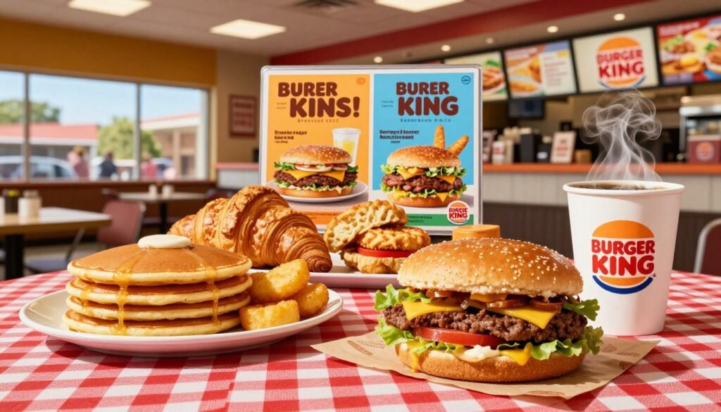 A vibrant depiction of a Burger King breakfast meal, featuring a variety of enticing breakfast options like pancakes, hash browns, and croissants stacked on a red-checkered tablecloth. In the foreground, a steaming cup of coffee sits next to a delicious-looking breakfast sandwich, its ingredients vividly displayed. The middle ground showcases a colorful display of promotional posters featuring the latest breakfast deals, along with an array of side items arranged artfully. The background presents a bright and welcoming Burger King restaurant interior, with warm, natural lighting highlighting the cleanliness and inviting atmosphere. The scene has a cheerful and appetizing mood, making it perfect for enticing customers to try the breakfast menu. Use a slightly elevated angle for a dynamic view of the breakfast spread. A vibrant depiction of a Burger King breakfast meal, featuring a variety of enticing breakfast options like pancakes, hash browns, and croissants stacked on a red-checkered tablecloth. In the foreground, a steaming cup of coffee sits next to a delicious-looking breakfast sandwich, its ingredients vividly displayed. The middle ground showcases a colorful display of promotional posters featuring the latest breakfast deals, along with an array of side items arranged artfully. The background presents a bright and welcoming Burger King restaurant interior, with warm, natural lighting highlighting the cleanliness and inviting atmosphere. The scene has a cheerful and appetizing mood, making it perfect for enticing customers to try the breakfast menu. Use a slightly elevated angle for a dynamic view of the breakfast spread.