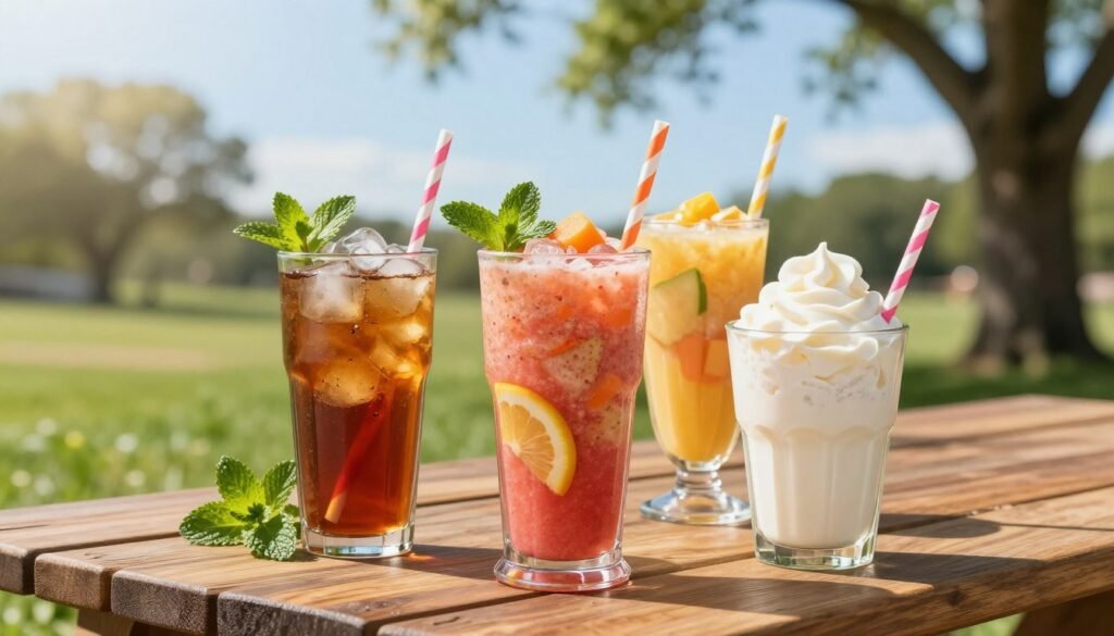 A vibrant display of Wendy's gluten-free beverages, prominently featuring a refreshing glass of iced tea, a vibrant fruit smoothie, and a classic vanilla Frosty, arranged artistically on a wooden picnic table. In the foreground, the beverages are garnished with fresh mint leaves and colorful straws, invitingly positioned to showcase their textures. The middle layer includes a blurred background of a sunny outdoor setting, with green grass and a clear blue sky, enhancing the lively atmosphere. Soft dappled sunlight filters through nearby trees, creating a warm glow that accentuates the freshness of the drinks. The image conveys a relaxed, cheerful mood, perfect for enjoying gluten-free options on a sunny day. A vibrant display of Wendy's gluten-free beverages, prominently featuring a refreshing glass of iced tea, a vibrant fruit smoothie, and a classic vanilla Frosty, arranged artistically on a wooden picnic table. In the foreground, the beverages are garnished with fresh mint leaves and colorful straws, invitingly positioned to showcase their textures. The middle layer includes a blurred background of a sunny outdoor setting, with green grass and a clear blue sky, enhancing the lively atmosphere. Soft dappled sunlight filters through nearby trees, creating a warm glow that accentuates the freshness of the drinks. The image conveys a relaxed, cheerful mood, perfect for enjoying gluten-free options on a sunny day.
