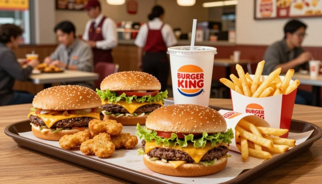 A vibrant display of the Burger King value menu featuring an assortment of affordable items like the classic cheeseburger, chicken nuggets, and fries, neatly arranged on a wooden tray. In the foreground, focus on a deliciously stacked burger with melted cheese and fresh lettuce, paired with crispy golden fries. The middle ground showcases the iconic Burger King packaging, with a drink beside the tray. In the background, a bustling fast-food restaurant atmosphere with friendly staff wearing professional uniforms and customers enjoying their meals. Soft, warm lighting enhances the inviting feel of the scene, shot from a slight bird's eye view to capture the food details effectively. The overall mood conveys affordability, satisfaction, and community. A vibrant display of the Burger King value menu featuring an assortment of affordable items like the classic cheeseburger, chicken nuggets, and fries, neatly arranged on a wooden tray. In the foreground, focus on a deliciously stacked burger with melted cheese and fresh lettuce, paired with crispy golden fries. The middle ground showcases the iconic Burger King packaging, with a drink beside the tray. In the background, a bustling fast-food restaurant atmosphere with friendly staff wearing professional uniforms and customers enjoying their meals. Soft, warm lighting enhances the inviting feel of the scene, shot from a slight bird's eye view to capture the food details effectively. The overall mood conveys affordability, satisfaction, and community.