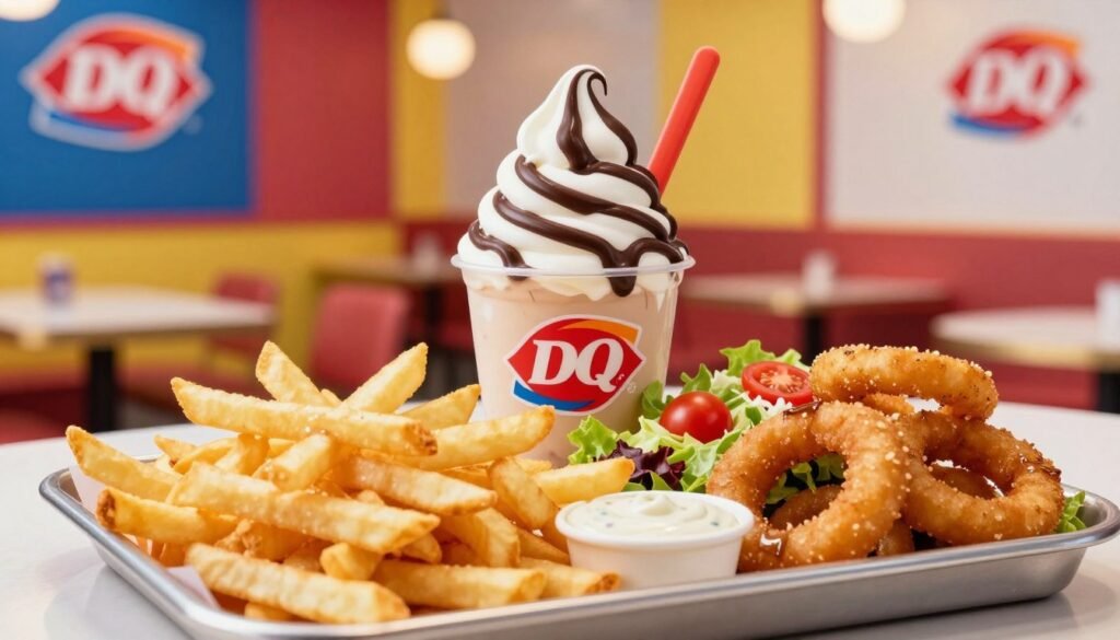 A visually appealing arrangement of Dairy Queen menu items featuring a vibrant display of classic sides and accompaniments. In the foreground, a tray showcases crispy golden French fries, a side of onion rings with a rich dipping sauce, and a colorful mixed side salad with fresh cherry tomatoes and crisp lettuce. The middle layer includes a Dairy Queen soft serve treat with a contrasting chocolate drizzle, enhancing the lively colors. In the background, a softly lit Dairy Queen interior is visible, highlighting the inviting atmosphere with cheerful colors and cozy seating arrangements. The lighting is warm and natural, giving the image a welcoming feel. The angle captures the delicious presentation, enticing viewers and evoking a sense of indulgence and satisfaction. The overall mood is cheerful and appetizing, perfect for showcasing Dairy Queen’s delightful menu options. A visually appealing arrangement of Dairy Queen menu items featuring a vibrant display of classic sides and accompaniments. In the foreground, a tray showcases crispy golden French fries, a side of onion rings with a rich dipping sauce, and a colorful mixed side salad with fresh cherry tomatoes and crisp lettuce. The middle layer includes a Dairy Queen soft serve treat with a contrasting chocolate drizzle, enhancing the lively colors. In the background, a softly lit Dairy Queen interior is visible, highlighting the inviting atmosphere with cheerful colors and cozy seating arrangements. The lighting is warm and natural, giving the image a welcoming feel. The angle captures the delicious presentation, enticing viewers and evoking a sense of indulgence and satisfaction. The overall mood is cheerful and appetizing, perfect for showcasing Dairy Queen’s delightful menu options.