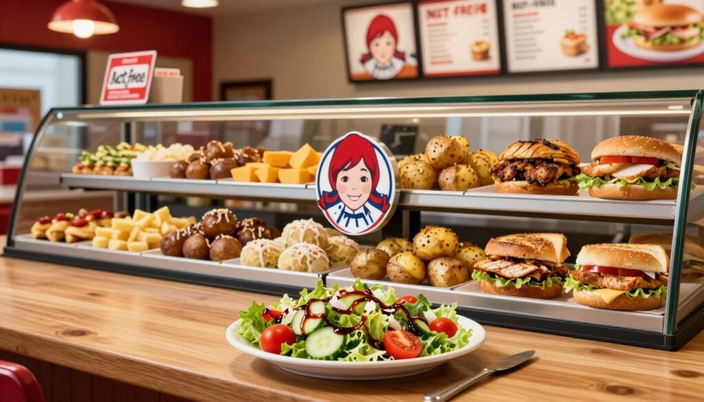A visually appealing display of Wendy's nut-free menu options, featuring a vibrant arrangement of colorful, fresh ingredients such as salads, baked potatoes, and grilled chicken sandwiches. In the foreground, a tasteful wooden table topped with a neatly arranged plate of a salad adorned with cherry tomatoes, cucumber slices, and a balsamic dressing. The middle layer includes a sleek, modern Wendy's logo subtly placed, surrounded by light, healthy sides. In the background, the cozy ambiance of a Wendy's restaurant is visible, softly lit with warm lights, and the menu boards are blurred, emphasizing the nut-free focus. The scene conveys a welcoming atmosphere, highlighting safety for dining with nut allergies, shot from a slightly elevated angle to capture depth and context.