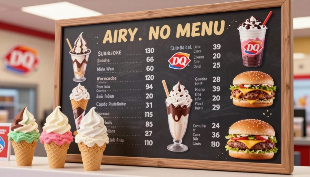 A visually appealing display of a Dairy Queen menu board, showcasing various menu items and their prices. In the foreground, a close-up view of colorful ice cream cones, sundaes, and burgers. The middle section highlights the menu prices, illustrated in an attractive font against a wooden or chalkboard background. The setting captures a bright and inviting atmosphere, with soft, warm lighting to enhance the appealing colors of the food. The background features a blurred Dairy Queen restaurant interior, giving a sense of a vibrant, family-friendly environment. The overall mood is cheerful and appetizing, evoking a sense of happiness and delight associated with enjoying Dairy Queen treats.