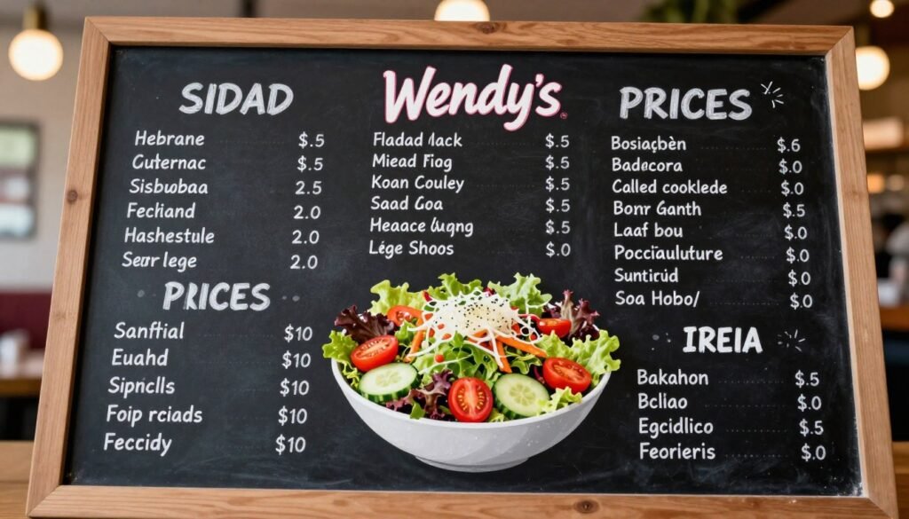 A visually appealing illustration of Wendy's salad prices displayed on an elegant chalkboard menu. In the foreground, a detailed chalkboard with neatly written prices of various salads, including prices for side salads and larger, meal-sized options. The menu items should be arranged clearly, showcasing the fresh ingredients in each salad. In the middle, a beautifully arranged salad bowl filled with vibrant mixed greens, cherry tomatoes, cucumbers, and other fresh toppings, reflecting the quality of Wendy's salads. The background should be softly blurred, suggesting a cozy restaurant environment, with warm ambient lighting that adds a welcoming mood. Use a slight overhead angle for a balanced perspective, highlighting both the menu details and the tantalizing imagery of the salad. The overall atmosphere should feel fresh, inviting, and appetizing. A visually appealing illustration of Wendy's salad prices displayed on an elegant chalkboard menu. In the foreground, a detailed chalkboard with neatly written prices of various salads, including prices for side salads and larger, meal-sized options. The menu items should be arranged clearly, showcasing the fresh ingredients in each salad. In the middle, a beautifully arranged salad bowl filled with vibrant mixed greens, cherry tomatoes, cucumbers, and other fresh toppings, reflecting the quality of Wendy's salads. The background should be softly blurred, suggesting a cozy restaurant environment, with warm ambient lighting that adds a welcoming mood. Use a slight overhead angle for a balanced perspective, highlighting both the menu details and the tantalizing imagery of the salad. The overall atmosphere should feel fresh, inviting, and appetizing.