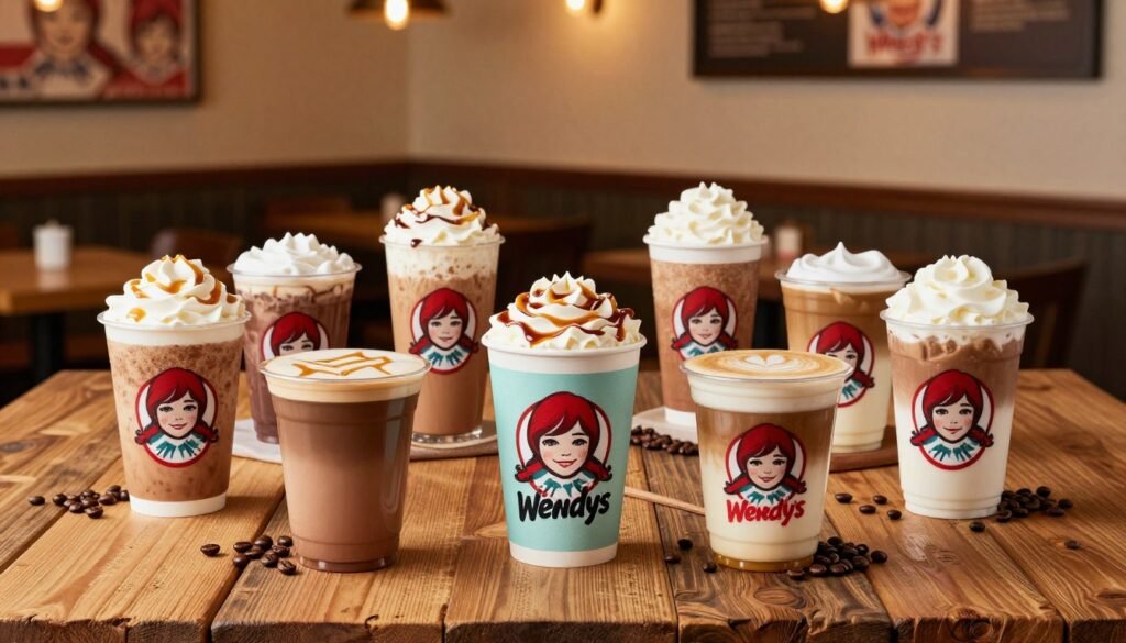 A visually appealing layout featuring a variety of Wendy's coffee drinks. In the foreground, showcase an array of colorful coffee cups, each filled with different flavors like caramel macchiato, mocha, and vanilla latte, garnished with whipped cream and drizzles. In the middle, place a rustic wooden table garnished with coffee beans and fresh creamers, creating an inviting atmosphere. The background should include a soft-focus view of a cozy café interior, with warm lighting casting a welcoming glow. Use a wide-angle lens effect to capture the richness of the scene while maintaining clarity on the coffee drinks. The mood should be warm and inviting, evoking the feeling of comfort and customization in each sip.