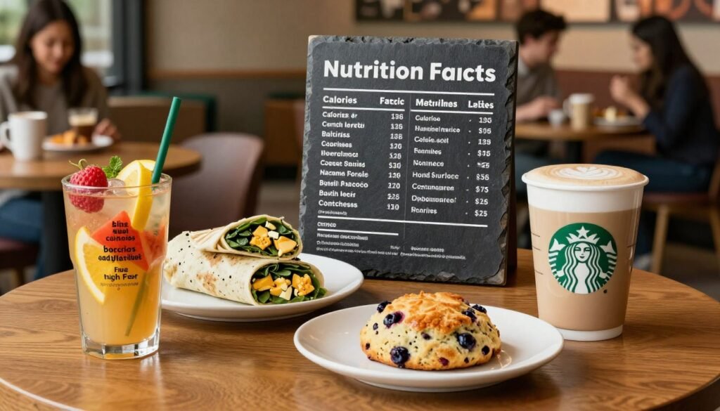 A visually appealing layout of Starbucks breakfast items on a wooden table, showcasing a variety of popular menu offerings like a spinach and feta egg white wrap, a warm blueberry scone, and a grande caramel macchiato. The foreground features an elegant glass with colorful fruits displaying their nutritional benefits, such as low calories and high fiber. In the middle, nutrition facts displayed on a rustic slate board, highlighting calories, protein, and other key nutrients associated with each item. The background captures a cozy Starbucks ambiance with soft lighting, warm earth tones, and blurred patrons enjoying their meals. The atmosphere is inviting and lively, encouraging viewers to make informed choices about their breakfast selections. The overall composition is clean and professional, suitable for an informative article.