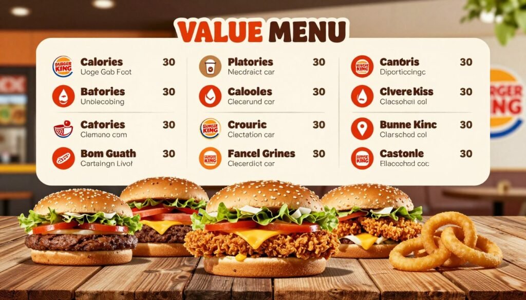 A visually engaging infographic depicting the nutritional information of Burger King's value menu items. In the foreground, display a colorful assortment of Burger King menu items, such as flame-grilled burgers, crispy chicken sandwiches, and onion rings, arranged appealingly on a rustic wooden table. The middle ground should feature clear, easy-to-read nutritional facts presented in an organized layout, using vibrant colors and icons for calories, fats, and proteins, making the information eye-catching. In the background, subtly incorporate a blurred image of a Burger King restaurant to add context. Use bright, natural lighting to evoke a fresh and inviting atmosphere, with a slight overhead angle that captures the allure of the food while highlighting the nutritional details prominently. The overall mood should be informative yet appetizing, creating a sense of curiosity for potential customers. A visually engaging infographic depicting the nutritional information of Burger King's value menu items. In the foreground, display a colorful assortment of Burger King menu items, such as flame-grilled burgers, crispy chicken sandwiches, and onion rings, arranged appealingly on a rustic wooden table. The middle ground should feature clear, easy-to-read nutritional facts presented in an organized layout, using vibrant colors and icons for calories, fats, and proteins, making the information eye-catching. In the background, subtly incorporate a blurred image of a Burger King restaurant to add context. Use bright, natural lighting to evoke a fresh and inviting atmosphere, with a slight overhead angle that captures the allure of the food while highlighting the nutritional details prominently. The overall mood should be informative yet appetizing, creating a sense of curiosity for potential customers.