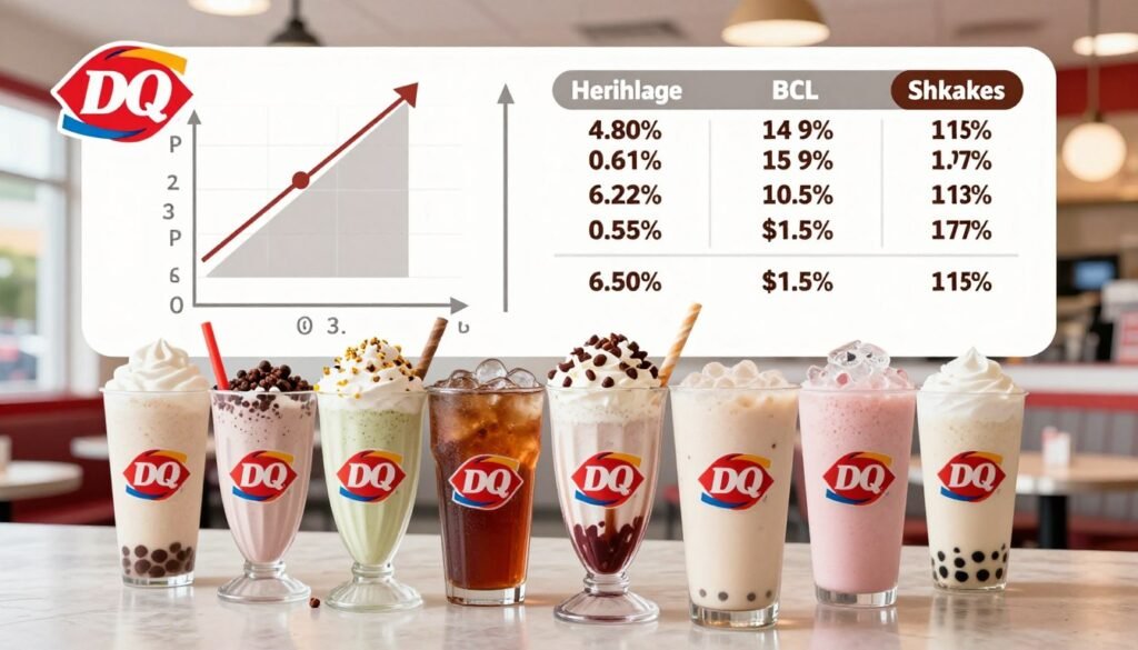 A visually engaging infographic displaying Dairy Queen's nutritional information on beverages and shakes. In the foreground, feature an array of colorful drinks like milkshakes, soft drinks, and smoothies, each with detailed calorie counts displayed prominently. In the middle, include a stylized chart summarizing healthier alternatives alongside their comparative calorie contents. The background should have a clean and modern layout, perhaps with subtle hints of a Dairy Queen restaurant interior. Use soft, natural lighting to create a warm and inviting atmosphere, resembling a friendly diner. The angle should be slightly elevated to give a comprehensive view of both the drinks and the informative elements, ensuring clarity while maintaining a cohesive design. A visually engaging infographic displaying Dairy Queen's nutritional information on beverages and shakes. In the foreground, feature an array of colorful drinks like milkshakes, soft drinks, and smoothies, each with detailed calorie counts displayed prominently. In the middle, include a stylized chart summarizing healthier alternatives alongside their comparative calorie contents. The background should have a clean and modern layout, perhaps with subtle hints of a Dairy Queen restaurant interior. Use soft, natural lighting to create a warm and inviting atmosphere, resembling a friendly diner. The angle should be slightly elevated to give a comprehensive view of both the drinks and the informative elements, ensuring clarity while maintaining a cohesive design.