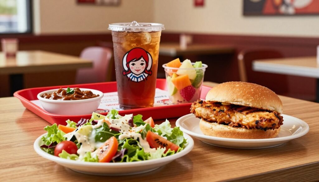A well-lit, appetizing display of Wendy's diet-friendly food options arranged on a sleek wooden table. In the foreground, a vibrant salad topped with fresh vegetables and a light dressing, alongside a small bowl of chili and a grilled chicken sandwich without a bun. In the middle, a bright red Wendy's tray holding a clear cup of unsweetened iced tea and a small, colorful fruit cup. The background features a softly blurred restaurant interior with warm lighting, enhancing the inviting atmosphere. The overall mood is health-conscious and refreshing, appealing to those with special dietary needs. Use a shallow depth of field to focus on the food, capturing its textures and colors vividly. A well-lit, appetizing display of Wendy's diet-friendly food options arranged on a sleek wooden table. In the foreground, a vibrant salad topped with fresh vegetables and a light dressing, alongside a small bowl of chili and a grilled chicken sandwich without a bun. In the middle, a bright red Wendy's tray holding a clear cup of unsweetened iced tea and a small, colorful fruit cup. The background features a softly blurred restaurant interior with warm lighting, enhancing the inviting atmosphere. The overall mood is health-conscious and refreshing, appealing to those with special dietary needs. Use a shallow depth of field to focus on the food, capturing its textures and colors vividly.