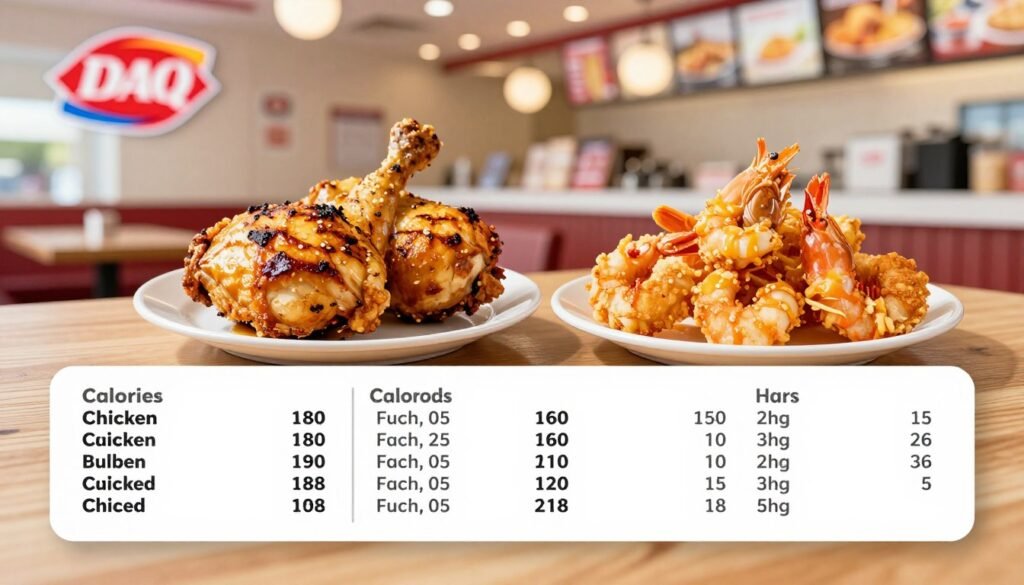 Dairy Queen nutritional information chart, prominently displayed with a clean and modern design, capturing details about chicken and seafood items. Foreground features neatly organized sections highlighting calories, protein, and fats, using a color palette that includes Dairy Queen's signature red, yellow, and white. Middle ground displays appetizing images of grilled chicken and crispy seafood items styled attractively on a white plate against a wooden table. Background subtly showcases a blurred Dairy Queen restaurant interior, with soft, warm lighting to create a welcoming atmosphere. The mood is informative and appetizing, inviting viewers to explore healthy menu options, presented in a professional and visually appealing way. Dairy Queen nutritional information chart, prominently displayed with a clean and modern design, capturing details about chicken and seafood items. Foreground features neatly organized sections highlighting calories, protein, and fats, using a color palette that includes Dairy Queen's signature red, yellow, and white. Middle ground displays appetizing images of grilled chicken and crispy seafood items styled attractively on a white plate against a wooden table. Background subtly showcases a blurred Dairy Queen restaurant interior, with soft, warm lighting to create a welcoming atmosphere. The mood is informative and appetizing, inviting viewers to explore healthy menu options, presented in a professional and visually appealing way.
